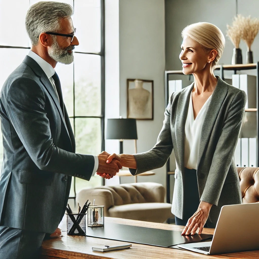 65 year old man and retired woman shaking hands